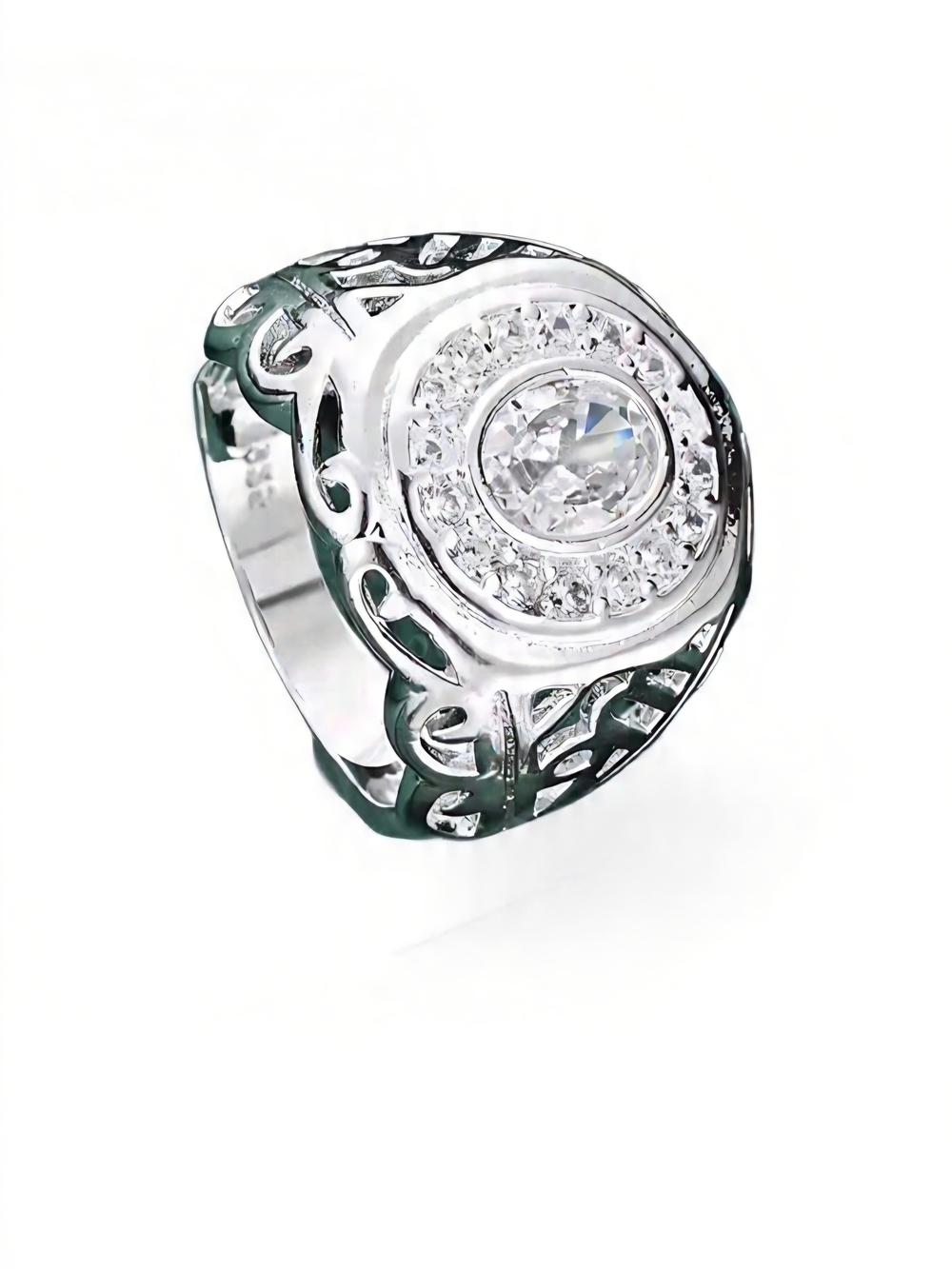 Sterling Silver ring features a large round zircon center stone Size 9